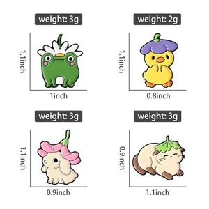 Set of four cute enamel pins featuring a frog, duck, rabbit, and cat in floral hats