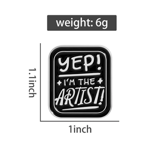 Detail view of the enamel artist pin showing 1.1x1 inch dimensions and 6g weight