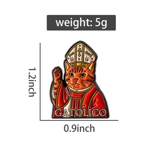 Catolic Cat enamel pin detail with size measurements 1.2 x 0.9 inches and 5g weight info