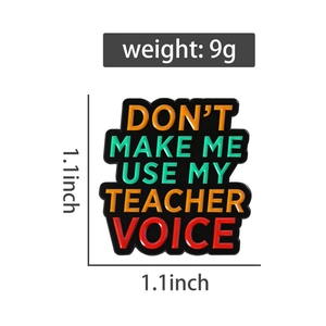 Detail showing enamel teacher voice pin size 1.1x1.1 inch and weight 9g in macro view