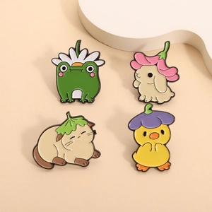 Detailed set of four enamel animal pins featuring a frog, rabbit, cat, and chick on beige