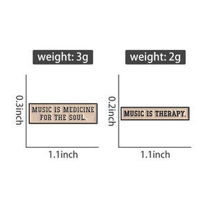 Detail view of Music is Medicine and Music is Therapy pins with precise size measurements