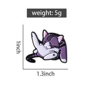 Detailed view of 1.3x1 inch purple cat enamel pin with weight and size specifications