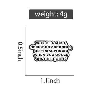 White enamel slogan brooch technical specifications showing 1.1x0.5 inch size and 4g weight