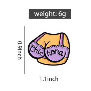 Detail view of enamel lingerie pin with Chic hona text, dimensions 0.9 by 1.1 inches