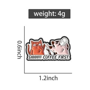 Detail view of cat coffee enamel pin with Shhh Coffee First text and dimensions