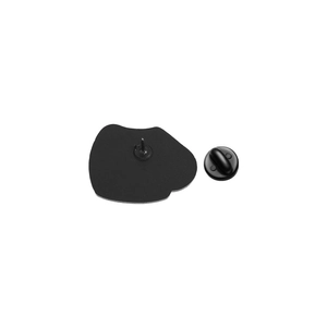 Rear view of black enamel pin with industrial metal base and rubber clutch back