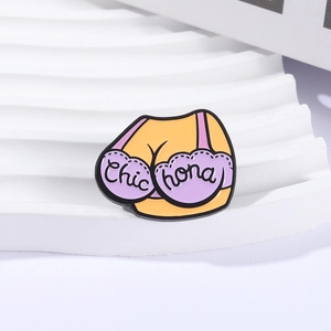 Funny enamel pin featuring artistic female torso in purple lingerie and yellow vest