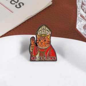 Creative Cat Godfather enamel pin featuring an orange tabby in pope attire on white plate