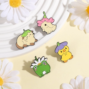 Cartoon animal enamel pins set with cute rabbit, cat, frog and duckling badges
