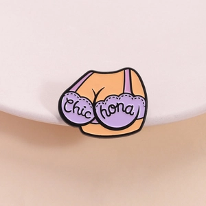 Funny purple lace bra enamel brooch with Chic hona text on a minimalist display