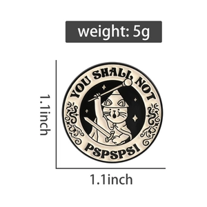 Detail view of round cat wizard enamel pin with dimensions and weight specs
