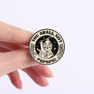 Black and white wizard cat enamel pin with You Shall Not Pspspsps slogan badge