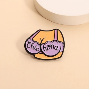 Funny enamel pin featuring female torso in purple lingerie with Chic lettering