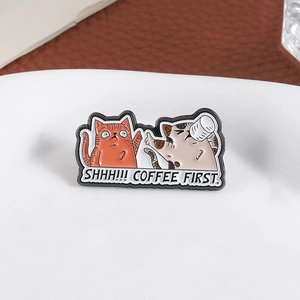 Cartoon enamel cat brooch set with ginger cat and coffee drinking cat on white tray