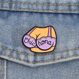 Creative cartoon enamel brooch featuring a purple bra design on blue denim jacket pocket