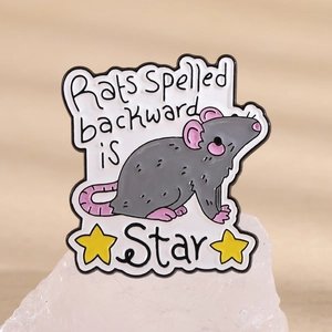Cute gray mouse enamel pin with yellow stars and creative English quote on mineral stone