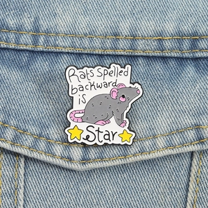 Cute enamel mouse brooch with Rats Spelled backward is Star text on denim fabric
