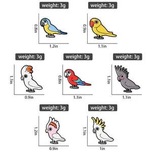 Size chart showing dimensions and 3g weight for seven cartoon parrot enamel pins