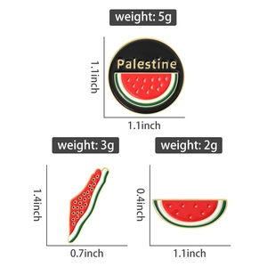 Detailed chart showing Palestine watermelon enamel pin weights and dimensions in inches