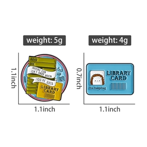 Detailed size and weight specs for book theme and hedgehog library card enamel pins
