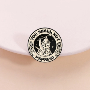Cartoon cat wizard enamel pin with 'You Shall Not Pspspsps' quote on pink background