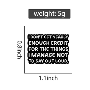Detail showing humorous enamel pin dimensions 1.1x0.8 inch and lightweight 5g specification