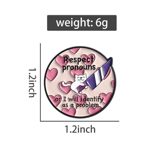 Detailed size chart showing a 1.2 inch round white cat enamel pin with social message