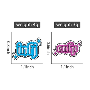 Detailed view of INFJ and ENFP enamel pins with dimensions and weights on white background