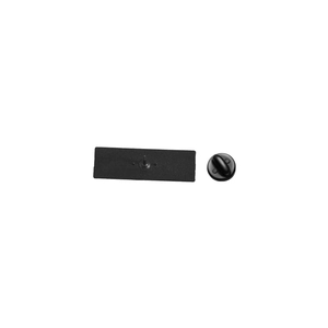 Detail view of rectangular metal pin back with black rubber clutch on white background
