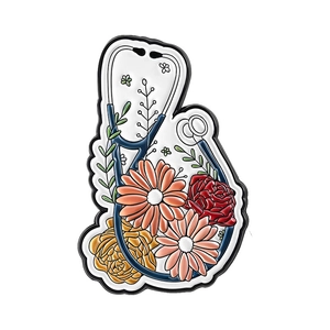 Creative medical brooch featuring a blue stethoscope entwined with colorful floral enamel