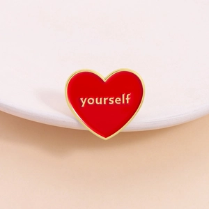 Minimalist red heart enamel brooch pin with yourself engraving and golden metal edges