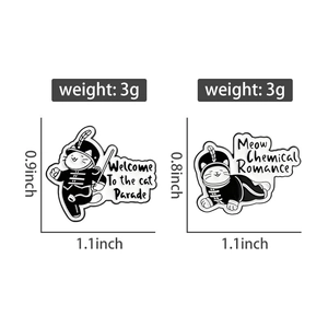Detailed view of cat parade enamel pins with size and weight specifications