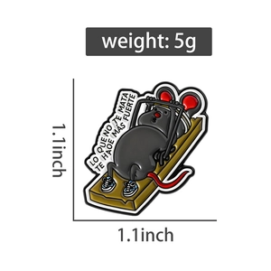 Detailed specs of mouse gym enamel pin showing 1.1x1.1 inch size and 5g weight