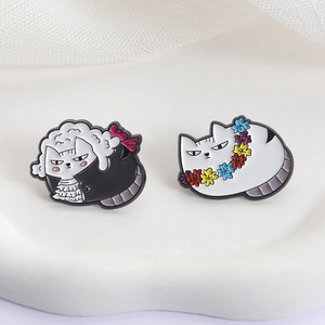 Funny fat cat enamel pins featuring a white cat with floral wreath and vintage style wig