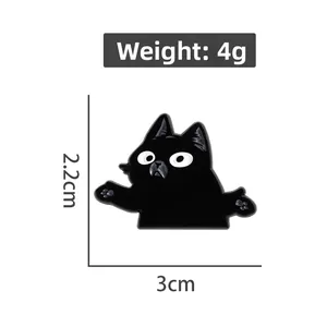 Detail view showing dimensions of black cartoon cat enamel pin with 2.2cm height
