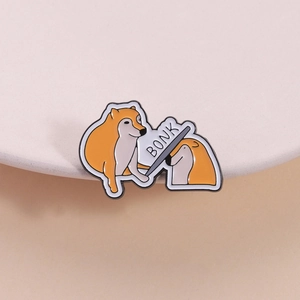 Funny Shiba Inu Bonk meme enamel pin featuring cute cartoon dogs for bags and clothes