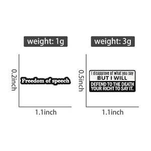 Size chart showing dimensions and weight for black and white enamel freedom speech pins