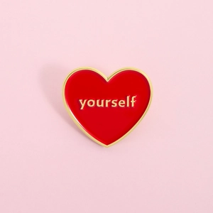 Fashion Red Heart Enamel Brooch With Yourself Letter Gold Plated Alloy Pin For Clothes Bag Decor Women Jewelry Gift