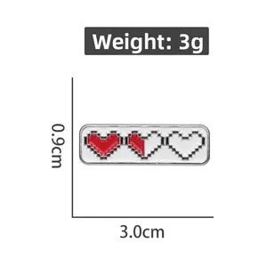 Detail view of pixel heart health bar enamel pin with dimensions 3.0cm by 0.9cm
