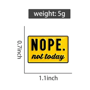 Detail showing 0.7x1.1 inch NOPE not today yellow enamel brooch pin with dimensions
