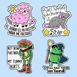 Set of four creative zinc alloy cartoon frog and animal pins with funny quotes
