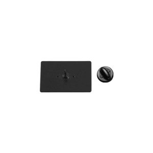 Detail view of the black metal brooch back with secure rubber pin clutch on white background