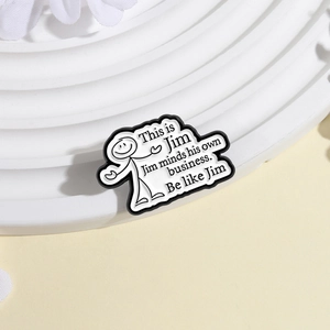 Minimalist enamel brooch with 'This is Jim' humor quote and stick figure on white surface