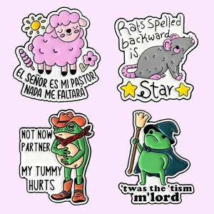Funny frog and sheep zinc alloy enamel pins set with witty quotes on purple background