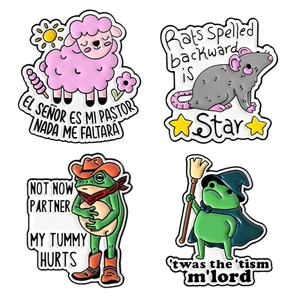 Set of 4 cute enamel pins featuring sheep, mouse, and frogs on a white background