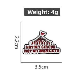 Detailed view of Not My Circus circus tent enamel pin with dimensions and weight info