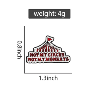 Detail showing dimensions of 1.3 by 0.8 inches for the red circus tent enamel pin