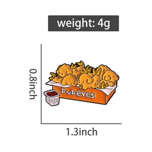 Detail view of cartoon dog popcorn enamel pin showing 1.3 by 0.8 inch dimensions