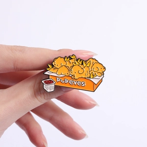 Funny fried chicken dog enamel pin featuring Pupeyes fast food parody design for pet lovers
